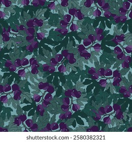 Seamless repeating pattern. Fig tree branches with fruit. Colofull vector illustrations on dark background for surface design and other design projects. Color of the Season Plum Royale