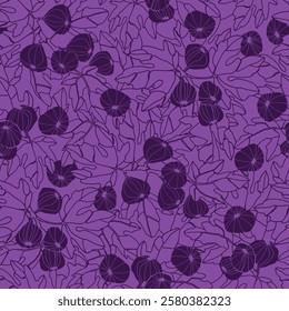 Seamless repeating pattern. Fig tree branches with fruit. Colofull vector illustrations on dark background for surface design and other design projects. Color of the Season Plum Royale