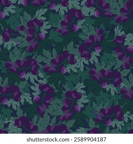 Seamless repeating pattern. Fig tree branches with fruit. Colofull vector illustrations on dark background for surface design and other design projects. Color of the Season Plum Royale