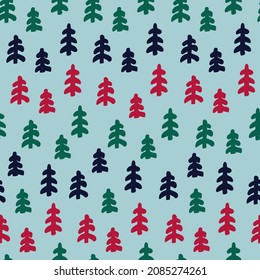 Seamless repeating pattern with fir trees. Christmas, New Year Eve, winter concept. Blue background for wrapping paper, surface design and other design projects