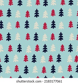Seamless repeating pattern with fir trees. Christmas, New Year Eve, winter concept. Blue background for wrapping paper, surface design and other design projects