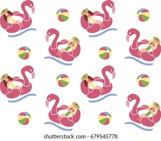 Seamless repeating pattern with flamingo rubber ring on white background. Good for paper, poster, textile, greeting card design.