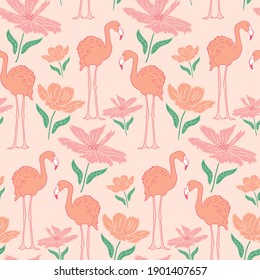 patrón de repetición sin fisuras con flamencos y flores. ilustración vectorial