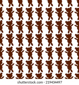 Seamless repeating pattern of flat brown bears with shadow on white background