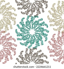 Seamless repeating pattern with floral elements in pastel colors on cream background. Hand drawn fabric, gift wrap, wall art design.