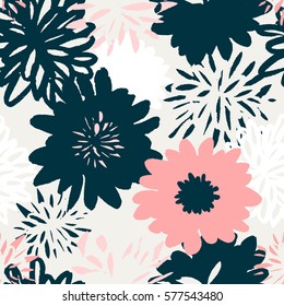 Seamless repeating pattern with floral elements in pastel colors on cream background.