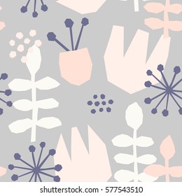 Seamless repeating pattern with floral elements in pastel colors on cream background.