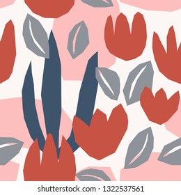 Seamless repeating pattern with floral paper cut shapes in red, pastel pink, blue and gray. Modern and stylish wallpaper, web background, fabric and packaging design.