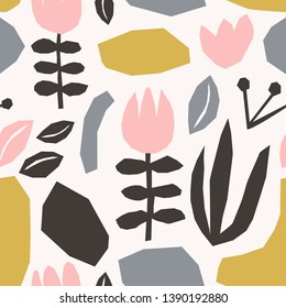 Seamless repeating pattern with floral paper cut shapes in green, pink, gray and black on white background. Modern and stylish wallpaper, web background, fabric and packaging design.