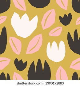Seamless repeating pattern with floral paper cut shapes in white, pink and black on green background. Modern and stylish wallpaper, web background, fabric and packaging design.