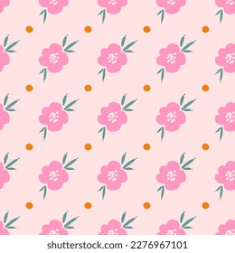 Patrón de repetición sin inconvenientes con flores y puntos.