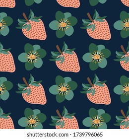 seamless repeating pattern with flowers and strawberries. vector illustration