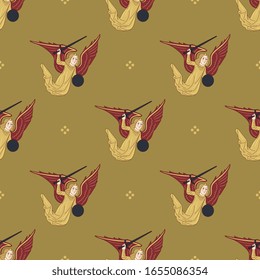 Seamless repeating pattern with flying medieval warrior angels.