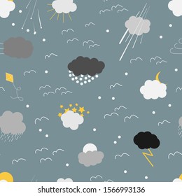 Seamless repeating pattern of four seasons in one day weather design, on greyish blue background - Vector. Suitable for use as wallpapers, backdrops, product design, crafting etc.