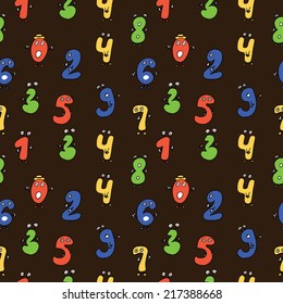 Seamless repeating pattern of  fun colorful cartoon numbers with eyes, hands and feet