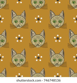 Seamless repeating pattern with funny cat's faces and simple floral motifs. Based on old Russian traditional folk print lubok.