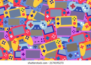 Seamless, repeating pattern with game devices. Yellow, red, blue, purple handheld consoles and remote, wireless video game controllers, colorful seamless pattern.