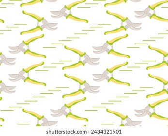 Seamless repeating pattern of gardener's equipment for pruning plants. Vector background metal pruning shears isolated on white background for design of cards, posters, fabric, packaging, paper