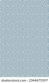 Seamless repeating pattern. Geometric composition with light blue concentric rounded rectangles on a white background. Striped graphic texture. Retro style design. Vector illustration.
