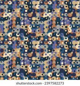 Seamless repeating pattern with a geometric design of small multicolored circles in orange, purple, and beige. Retro style background. Vintage colors. Vector illustration. 