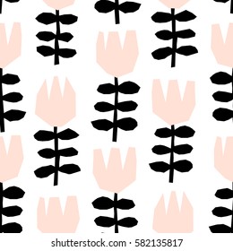 Seamless repeating pattern with geometric floral elements in black and pastel pink on white background.