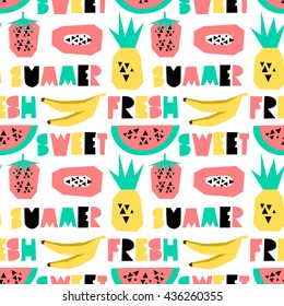 Seamless repeating pattern with geometric letters and fruits in yellow, pink, green and black isolated on white background. Perfect for creating summer themed cards, advertising, t-shirt designs.