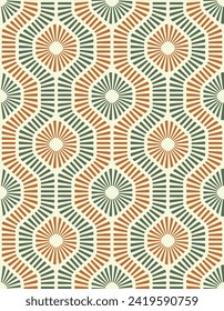 Seamless repeating pattern with a geometric motif of green and orange striped lines on a white background. Hexagon shape elements. Abstract design in retro style. 