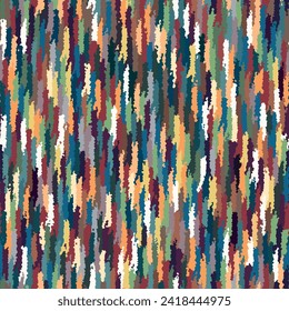 Seamless repeating pattern. Geometric ornament made of small multicolor vertical strokes of paint with irregular edges. Splatter grunge style. Vector illustration.