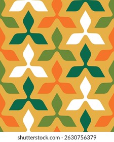 Padrão repetitivo contínuo com um design geométrico retro de pequenos trevos estilizados multicoloridos em tons de amarelo, verde, laranja e branco. Estilo simples e colorido. Ilustração vetorial abstrata.