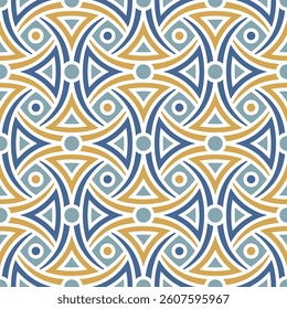 Seamless repeating pattern with geometric shapes in blue and yellow isolated on a white background. Modern and trendy design. Contemporary ethnic style. Abstract vector illustration.