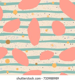 Seamless repeating pattern with geometric shapes and pastel brown stripes on white background with tiny dots. Abstract Style Design. Vector Illustration.