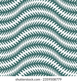 Seamless repeating pattern. Geometric striped ornament with white and green wavy lines. Modern ethnic style texture. Abstract background. Decorative vector illustration for fabric, textile, and print.
