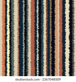 Seamless repeating pattern. Geometric striped ornament with jagged edged vertical multicolored stripes. Hand drawn ethnic style texture. Vector illustration for fabric, textile, cloth, and print.