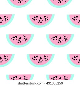 Seamless repeating pattern with geometric style watermelon slices on white background. Modern textile, greeting card, poster, wrapping paper designs.
