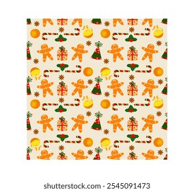 Patrón de repetición sin fisuras, regalos, caramelos, mandarinas, pan de jengibre, fondo delicado, dibujo colorido alegre