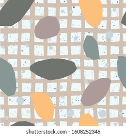 Seamless repeating pattern with golden geometric shapes and pastel blue stripes on beige background. Abstract Style Design. Vector Illustration.