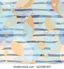 Seamless repeating pattern with golden geometric shapes and pastel blue stripes on background. Abstract Style Design. Vector Illustration.