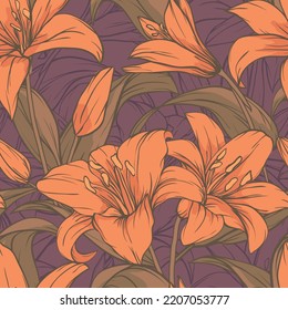 Seamless repeating pattern of golden lilies