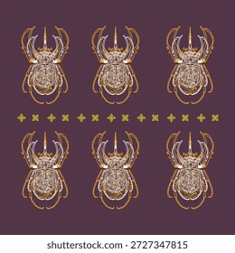 Patrón repetitivo sin fisuras del escarabajo escarabajo dorado en estilo de arte de línea brillante sobre fondo de cuadrícula geométrica oscura. Ilustración mística de lujo del insecto conveniente para el Fondo de pantalla, la materia textil, la tela, el papel de embalaje, el empaquetado, el cartel, y los fondos digitales. Patrón decorativo de Vector inspirado en el arte antiguo y de fantasía.