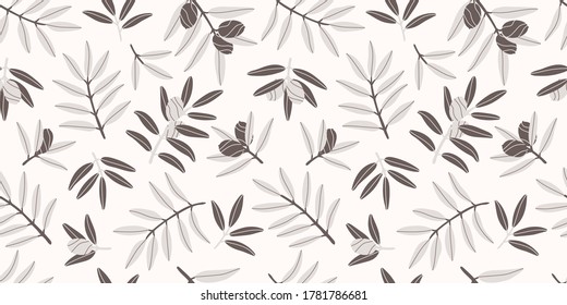 Seamless repeating pattern. Gray branches of an olive tree. Autumn and summer pattern. Pastel colors. Natural products for a Mediterranean lunch. Pattern with Greek food. Contemporary illustration.