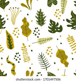 Seamless Repeating Pattern with Green Tropical Leaves on White Background. Exotic Foliage as Fabric for Card and Poster Design