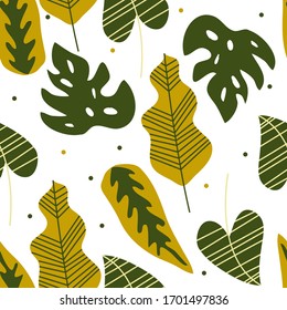 Seamless Repeating Pattern with Green Tropical Leaves on White Background. Exotic Foliage as Fabric for Card and Poster Design