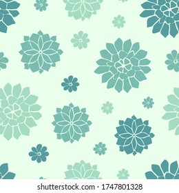 Seamless repeating pattern of greenish blue flowers