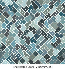 Seamless repeating pattern with a grid of multicolored irregular geometric shapes on a white background. Abstract geometric maze. Retro style design. 