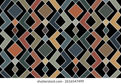Seamless repeating pattern with a grid of multicolored rhombuses on a black background. Simple and elegant design in a modern retro style. Abstract geometric vector illustration.
