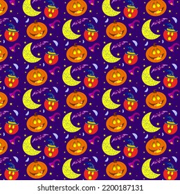 Seamless repeating pattern for Halloween. Doodle, cartoon, hand-drawn color. Design for postcards, digital paper, wallpaper, background, textiles, fabric,  poster.