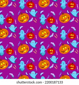 Seamless repeating pattern for Halloween. Doodle, cartoon, hand-drawn color. Design for postcards, digital paper, wallpaper, background, textiles, fabric,  poster.