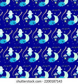 Seamless repeating pattern for Halloween. Doodle, cartoon, hand-drawn color. Design for postcards, digital paper, wallpaper, background, textiles, fabric,  poster.
