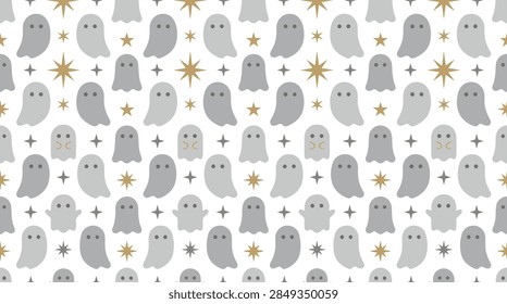 A seamless repeating pattern for Halloween featuring various shades of gray ghosts in different poses, including some with waving arms. The ghosts are interspersed with gold and gray stars of various shapes, such as four-pointed twinkles and eight-pointed sparkles. The entire design is set against a clean white background in a minimalist flat vector style suitable for wallpaper, gift wrap, or seasonal banners.