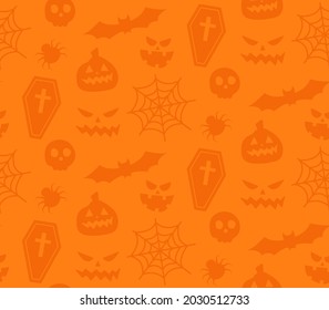 Seamless repeating pattern with Halloween symbols. Design of silhouettes for the holiday Halloween. for postcard, fabric, banner, template, wrapping paper. Vector flat illustration